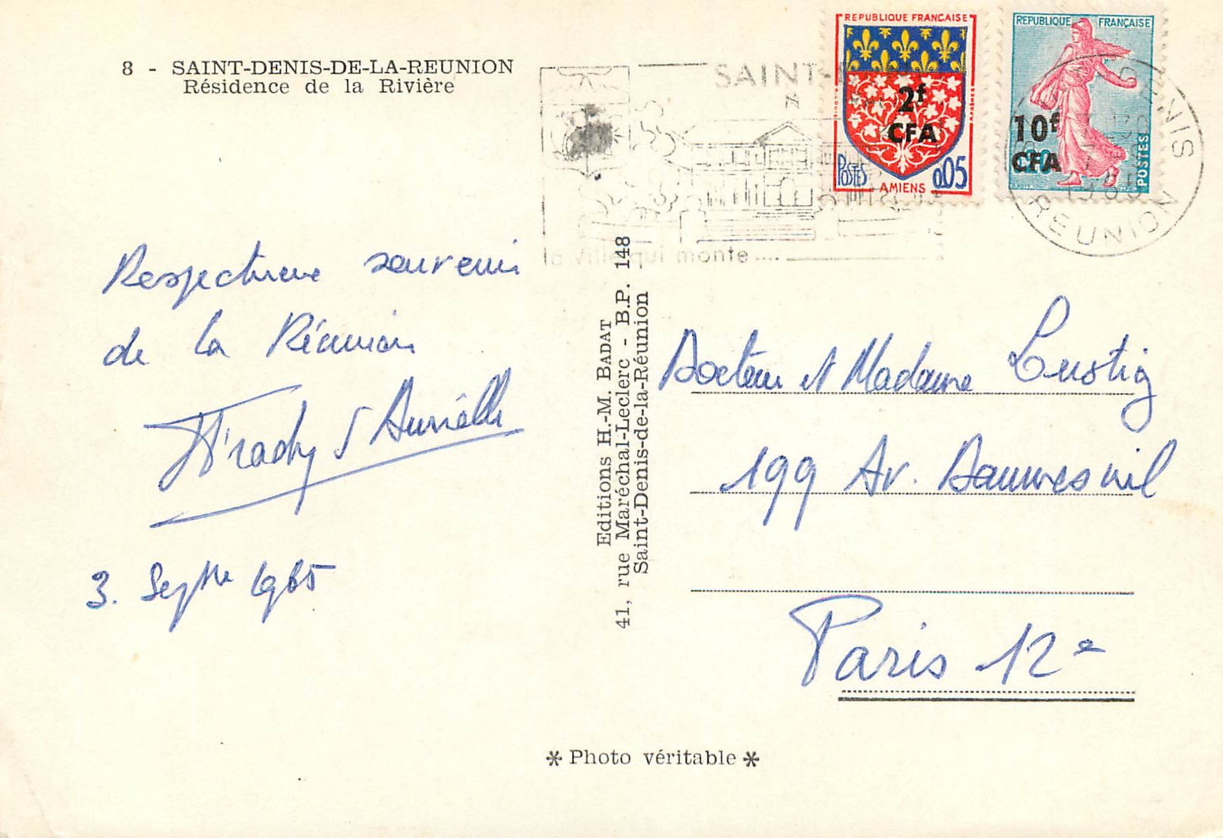 CPM Saint Denis de la Reunion Residence de la Riviere  — Back