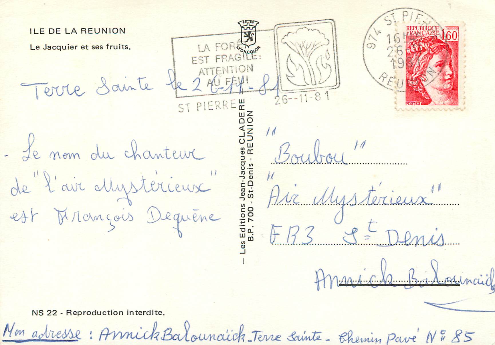 CPM Ile de la Reunion Le Jacquier et ses fruits  — Rückseite