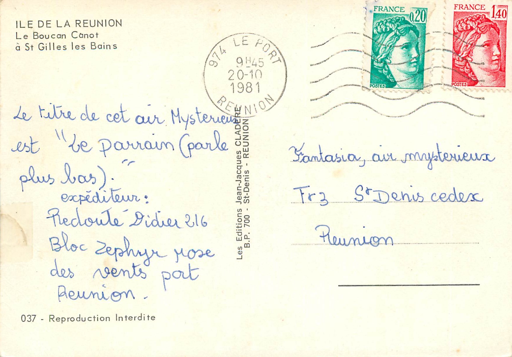 CPM Ile de la Reunion Le Boucan Canot a St Gilles les Bains  — Rückseite