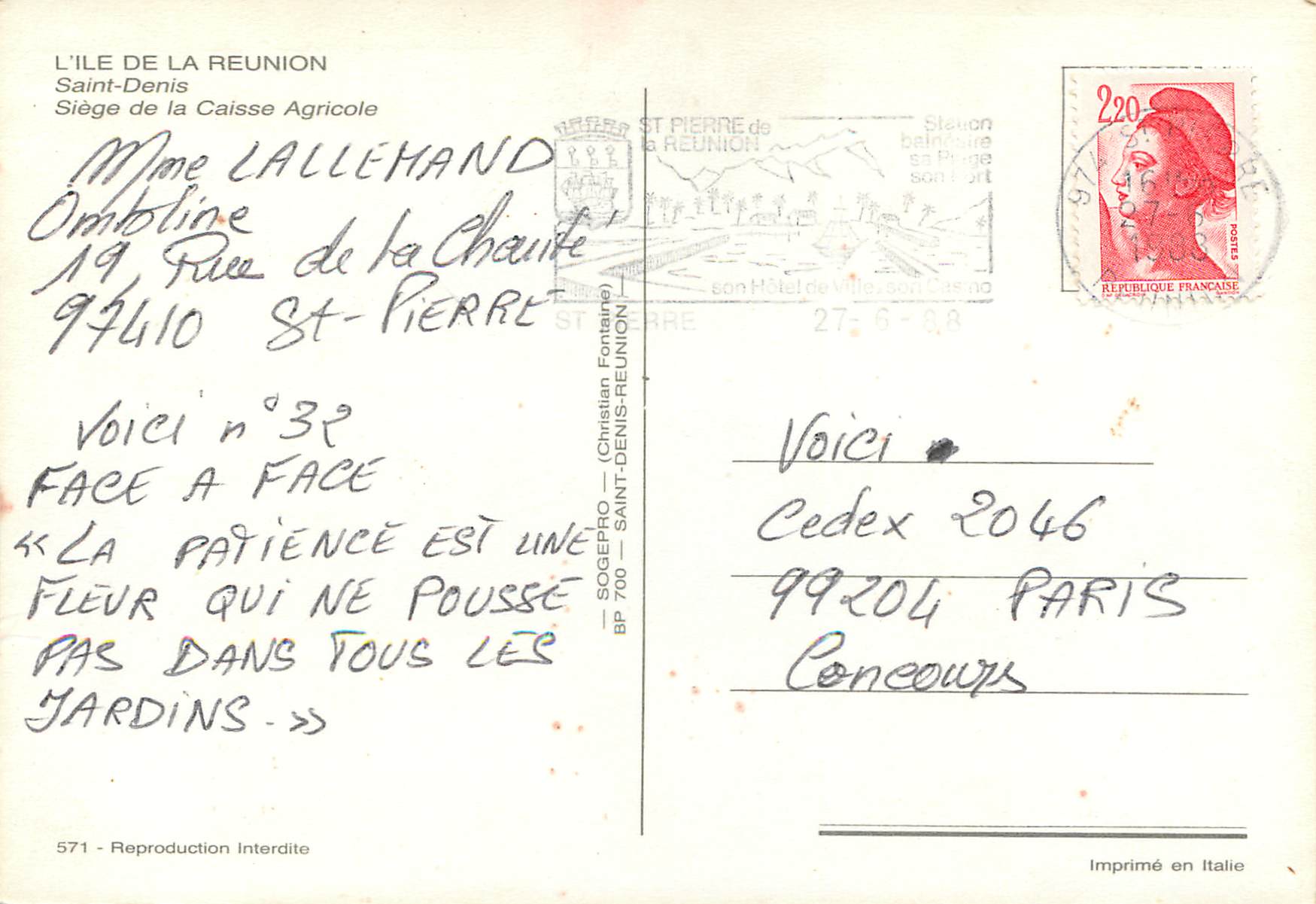 CPM L Ile de la Reunion Saint Denis Siege de la Caisse Agricole  — Back