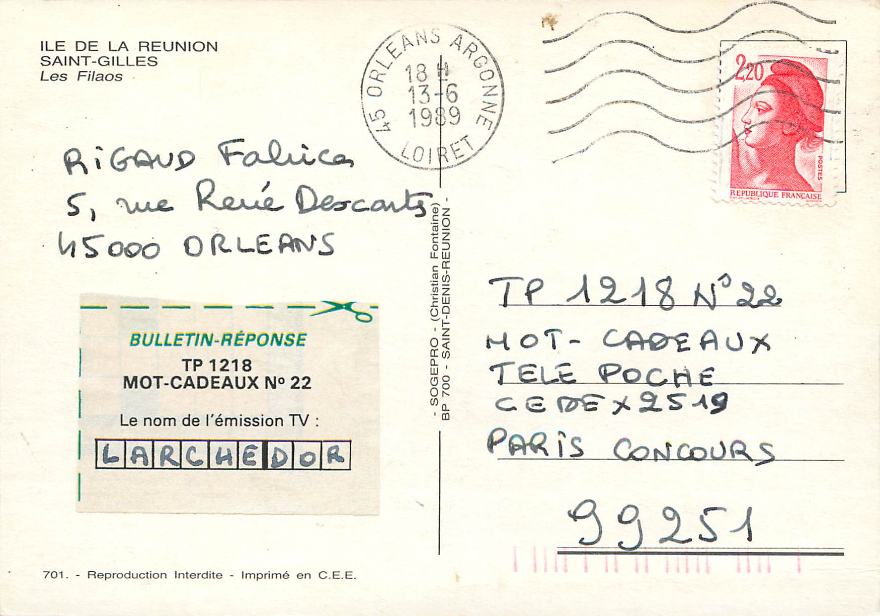CPM Ile de la Reunion Saint Gilles Les Filaos  — Rückseite