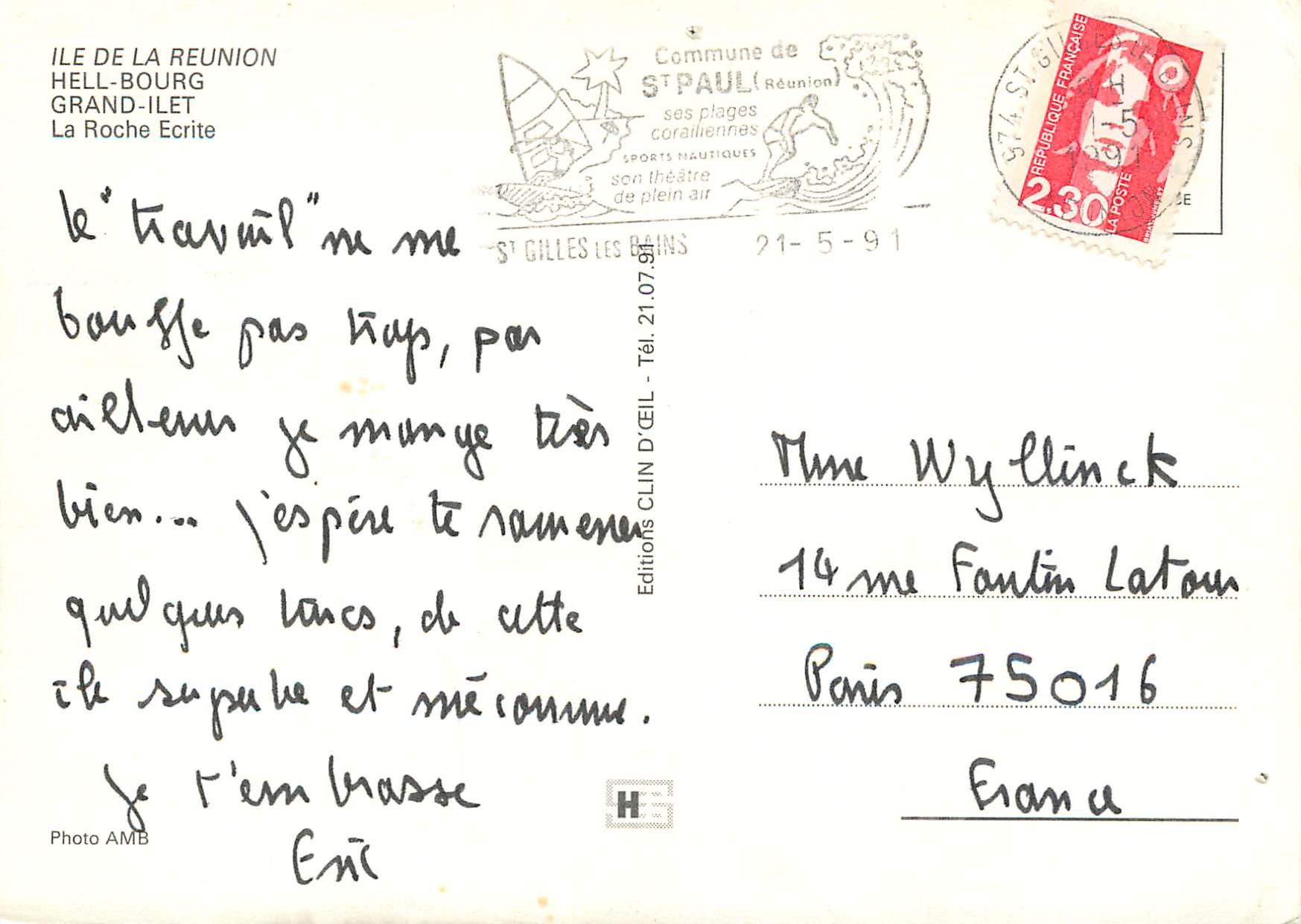CPM Ile de la Reunion Hell bourg Grand Ilet La Roche Ecrite  — Rückseite