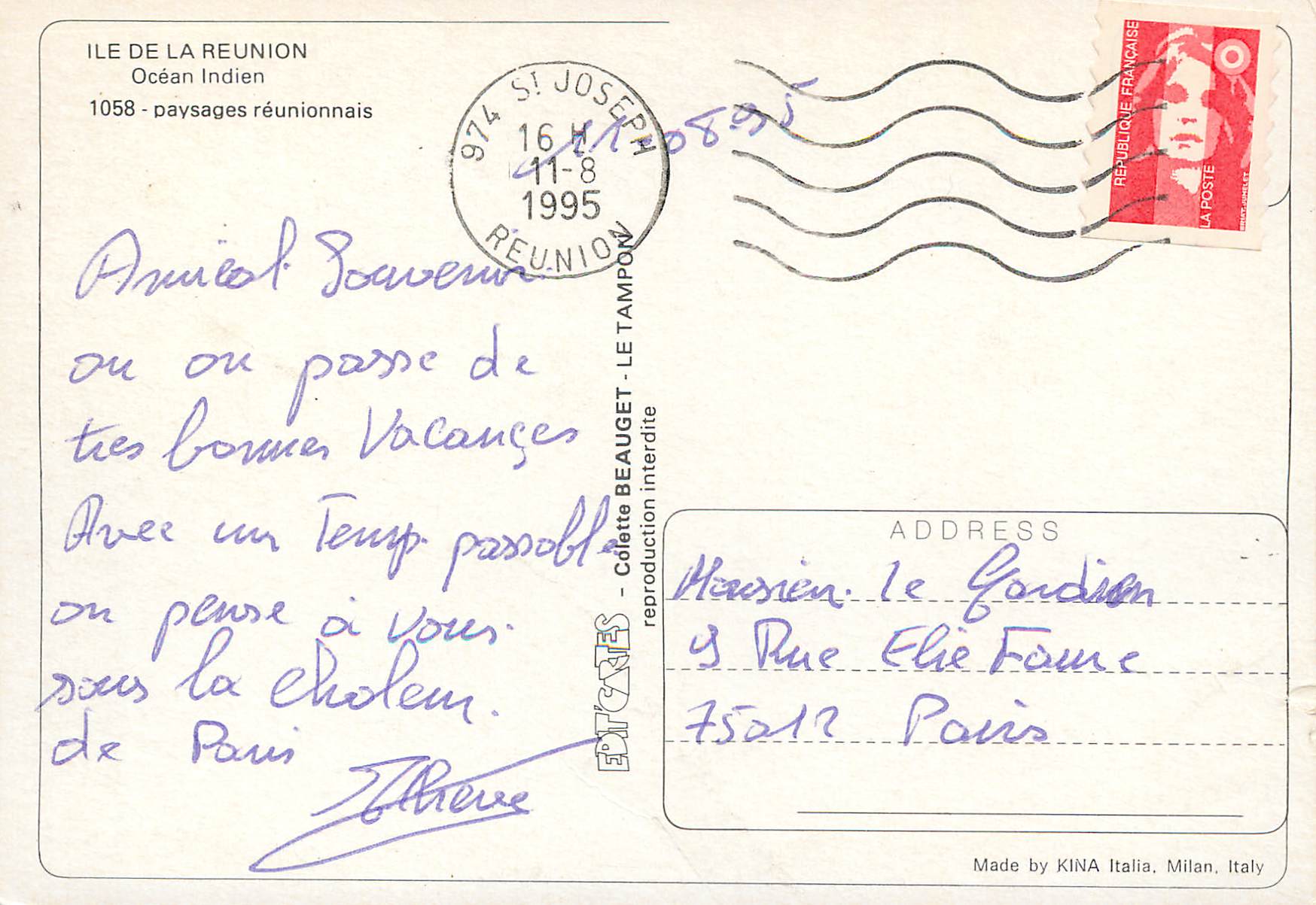 CPM Ile de la Reunion Ocean Indien  — Verso