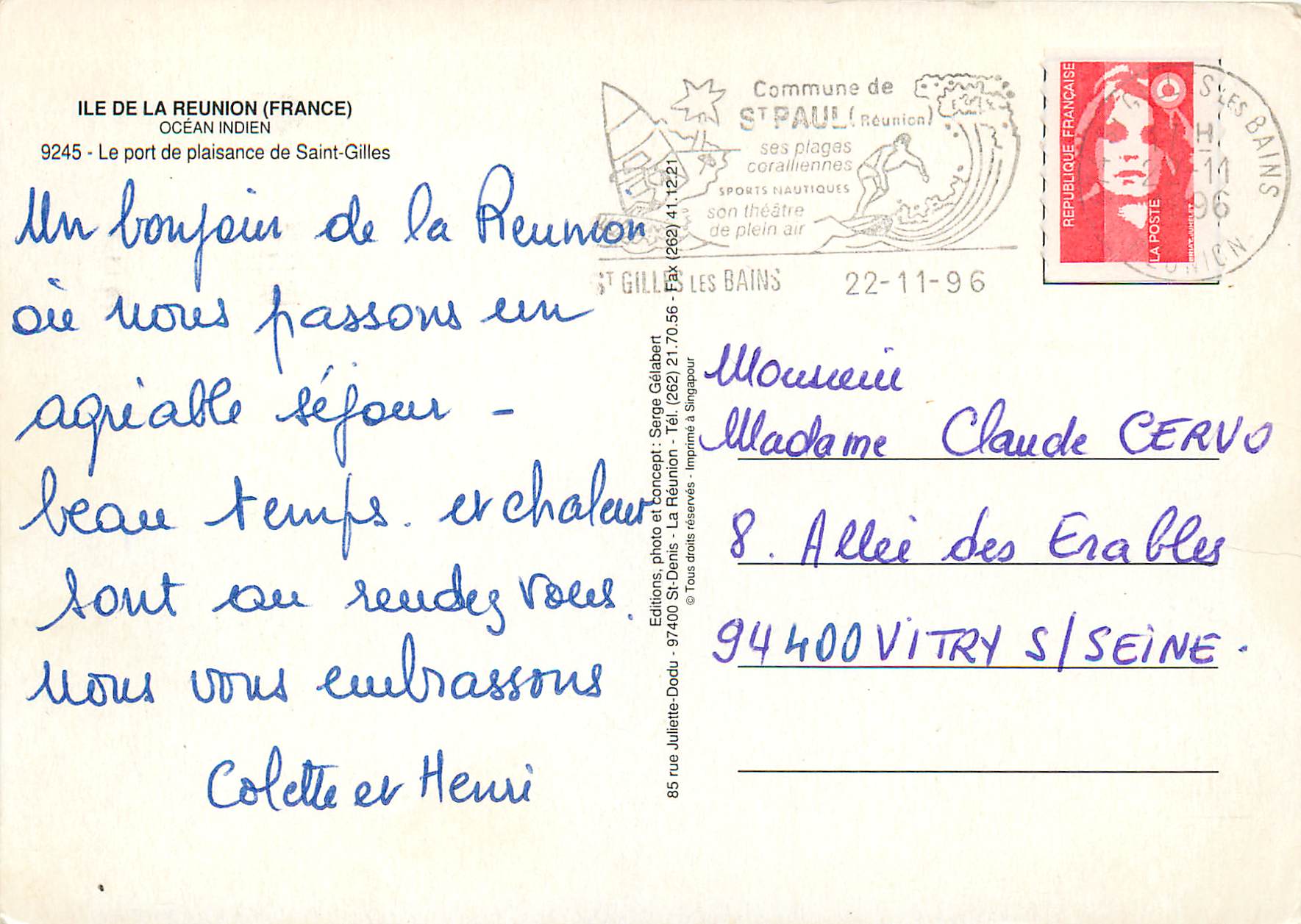 CPM Ile de la Reunion Port de Saint Gilles  — Verso