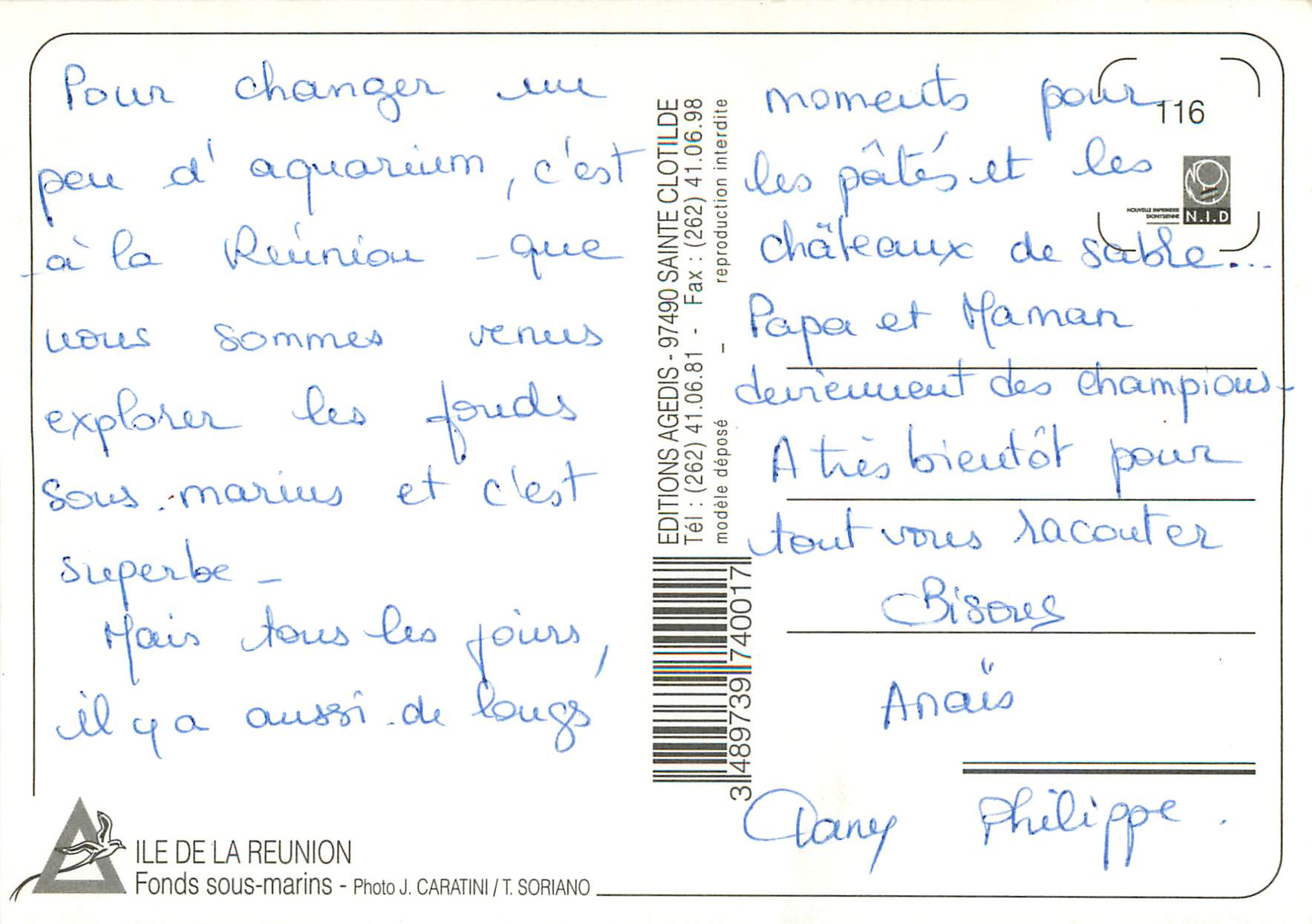 CPM Ile de la Reunion Fonds sous marins  — Verso