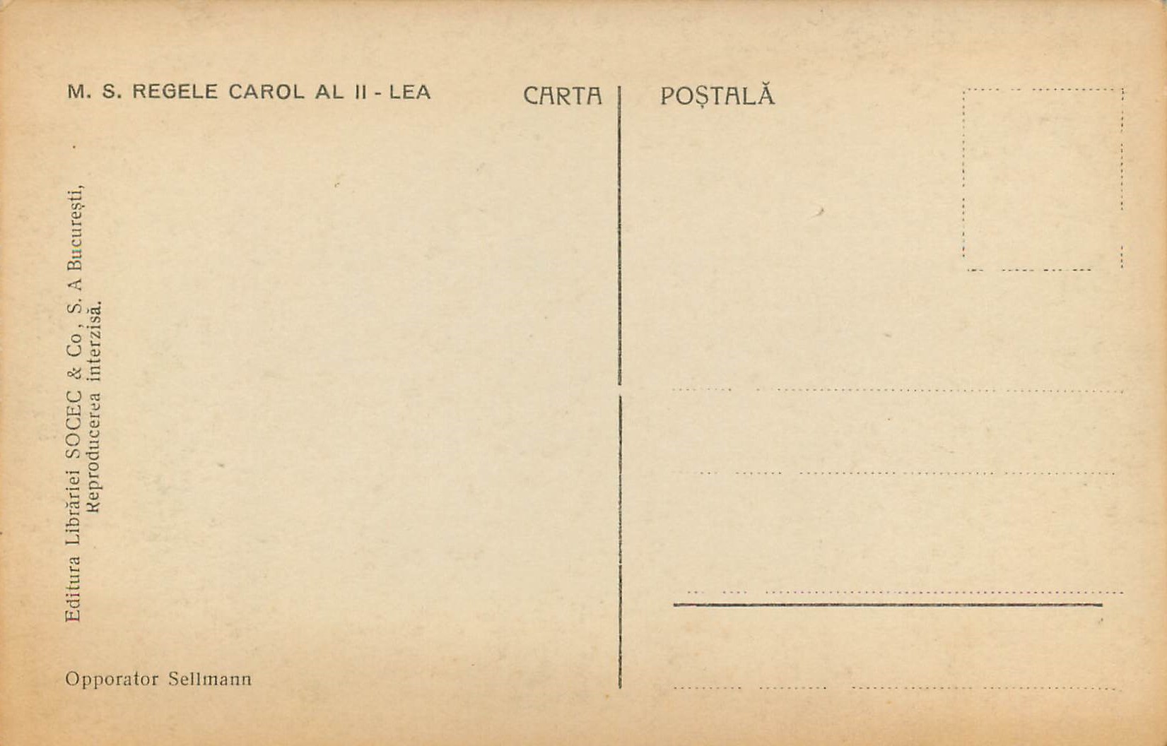 CPA Regele Carol Al II  — Verso