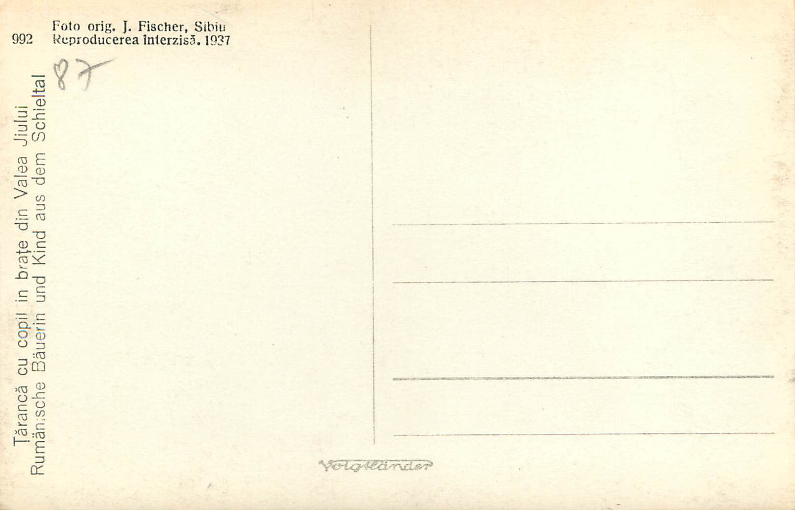 CPA Rumanische Bauerin und Kind aus dem Schieltal  — Verso