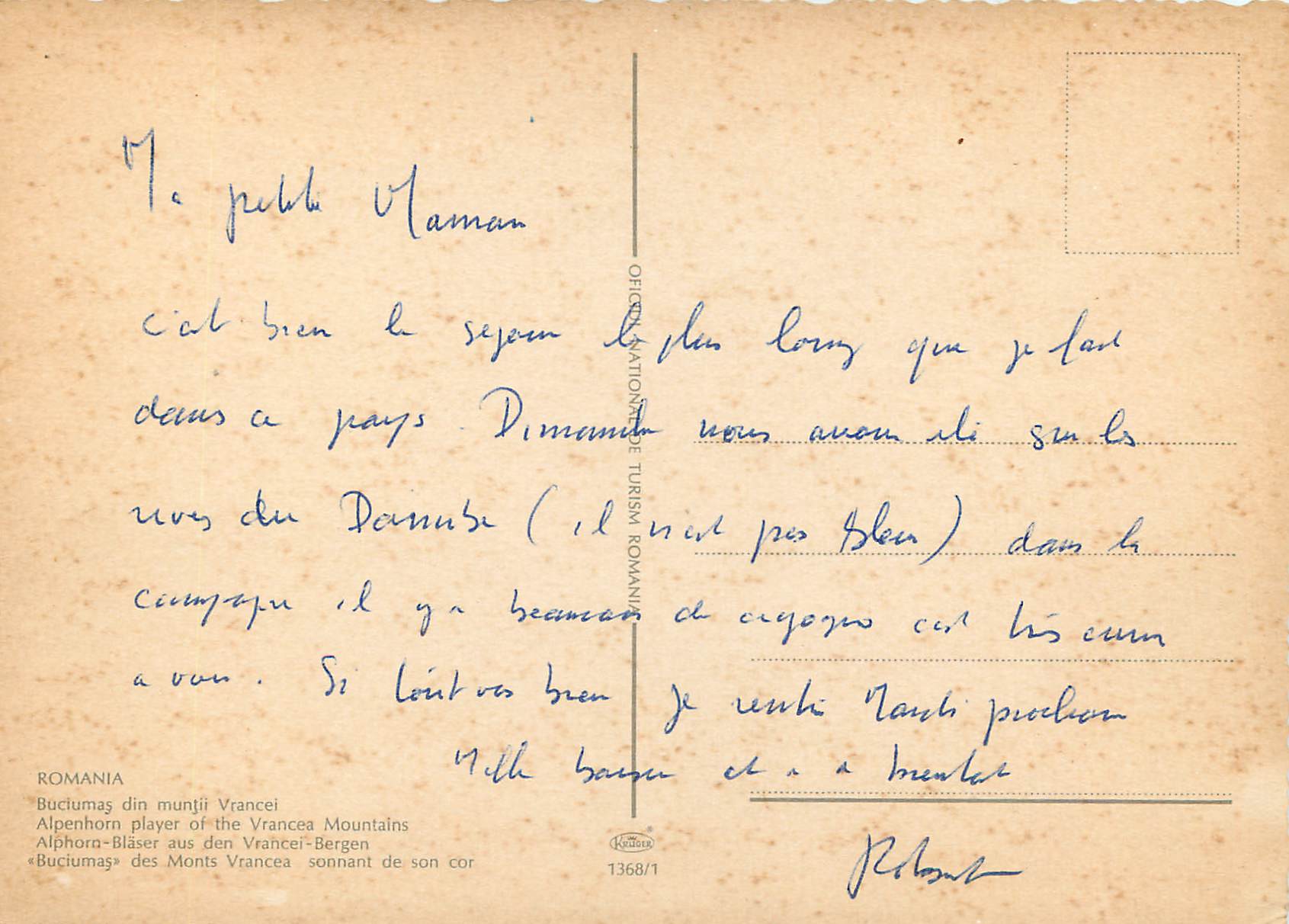 CPM Romania Alphora Blaser aus den Vrancei Bergen Folklore  — Rückseite