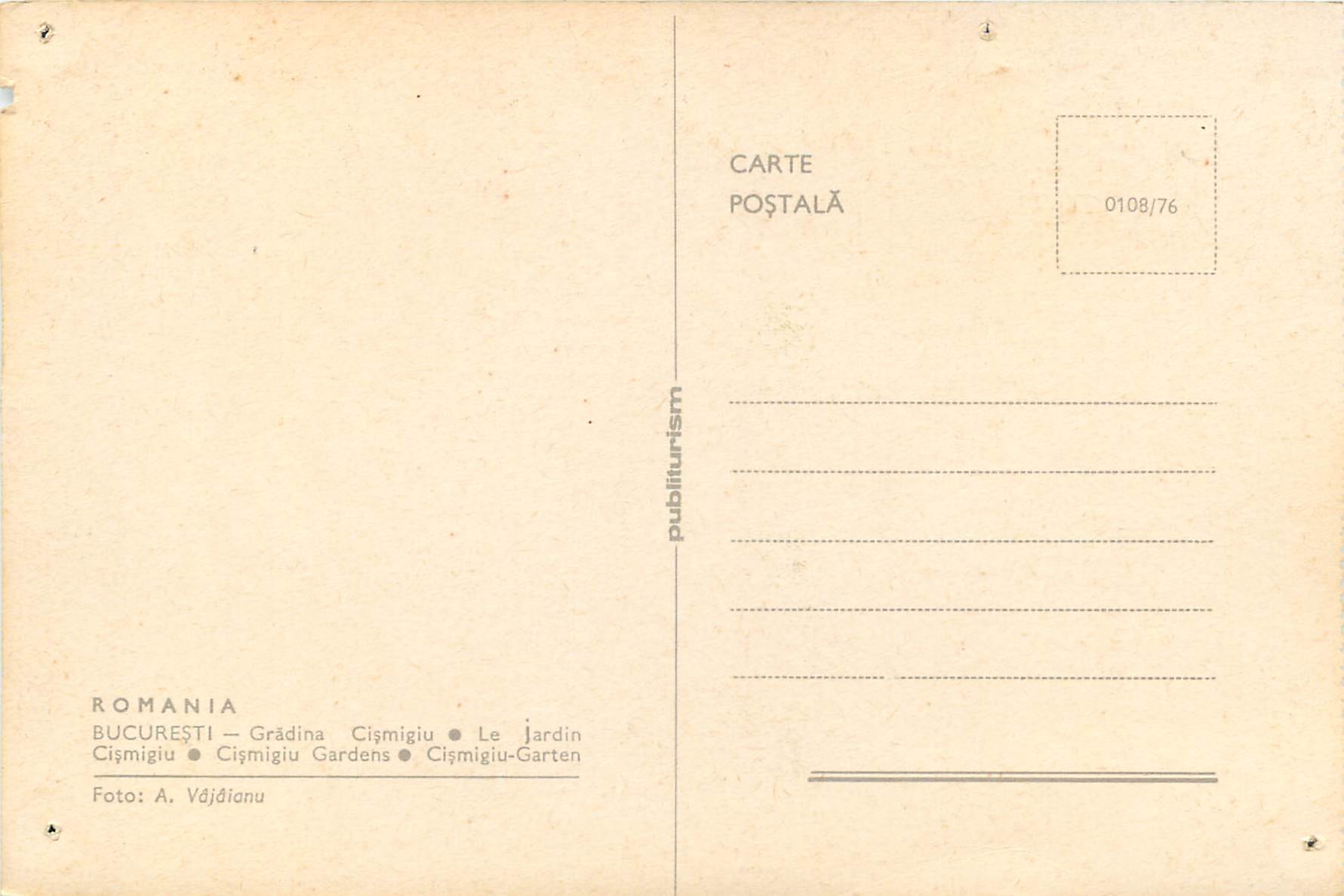 Bucarest - Jardin Cișmigiu — publiturism, n° 0108/76 — Verso