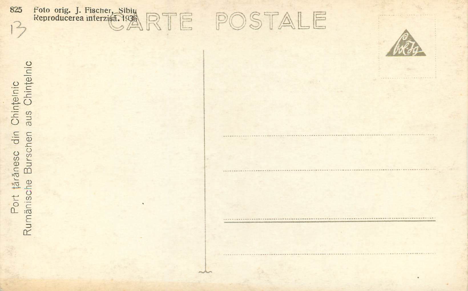 CPA Rumanische Burschen aus Chintelnic  — Verso