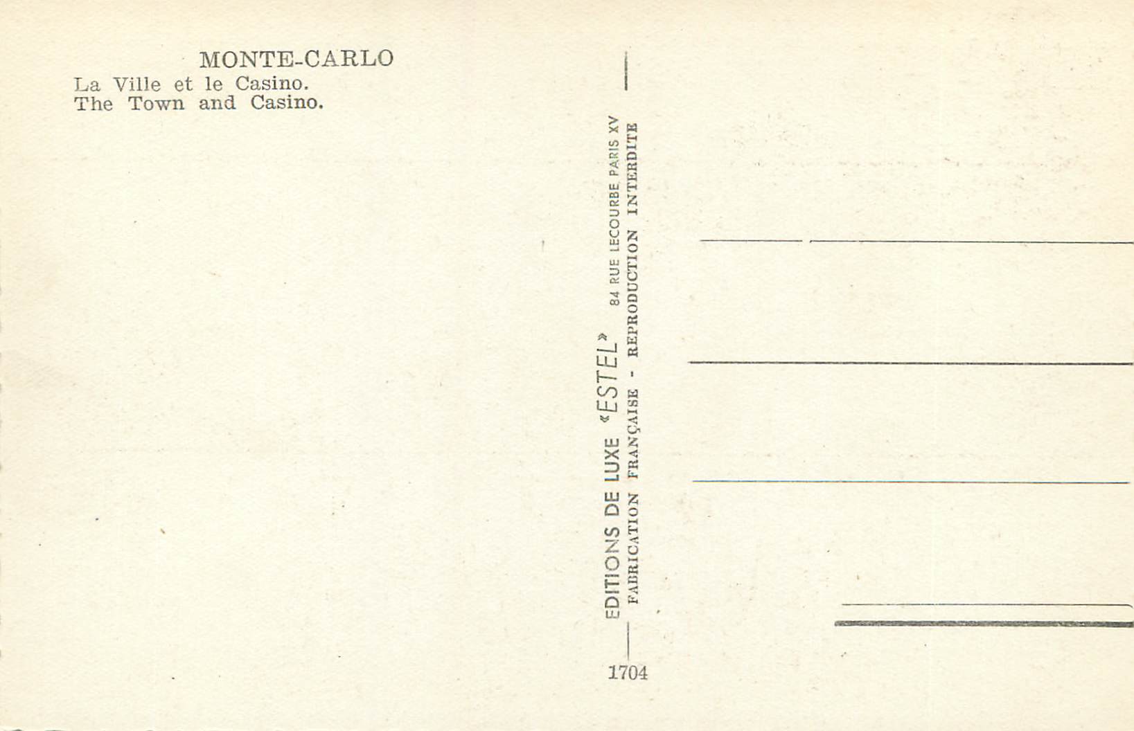 CPM Monte Carlo La ville et le casino  — Rückseite