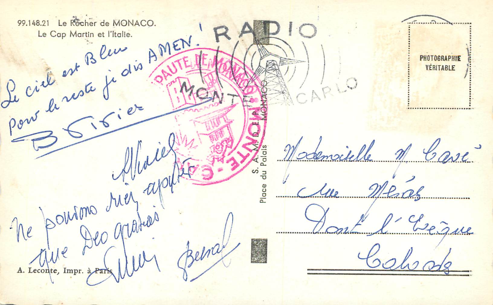 CPM Le rocher de Monaco Le cap martin et l italie  — Rückseite