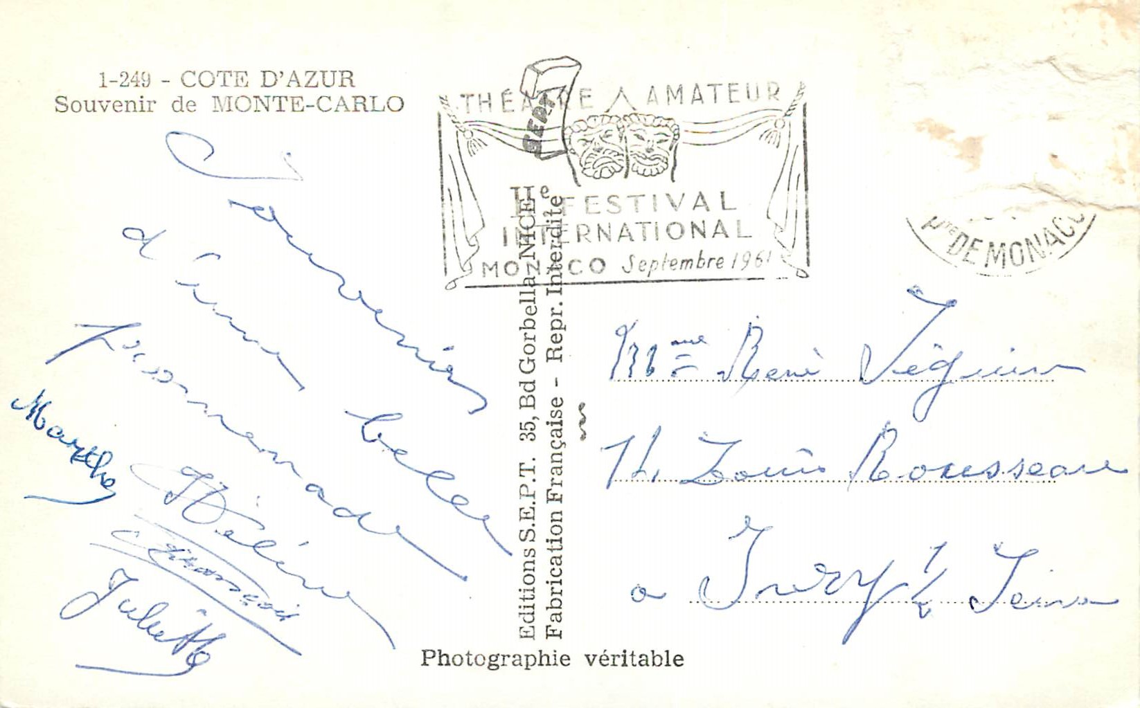 CPM Cote d Azur souvenir de Monte Carlo  — Rückseite