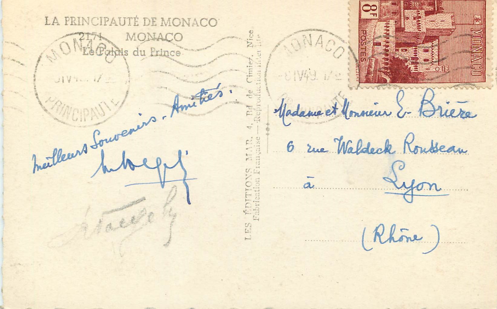 CPM La Principaute de Monaco Le palais du Prince  — Rückseite
