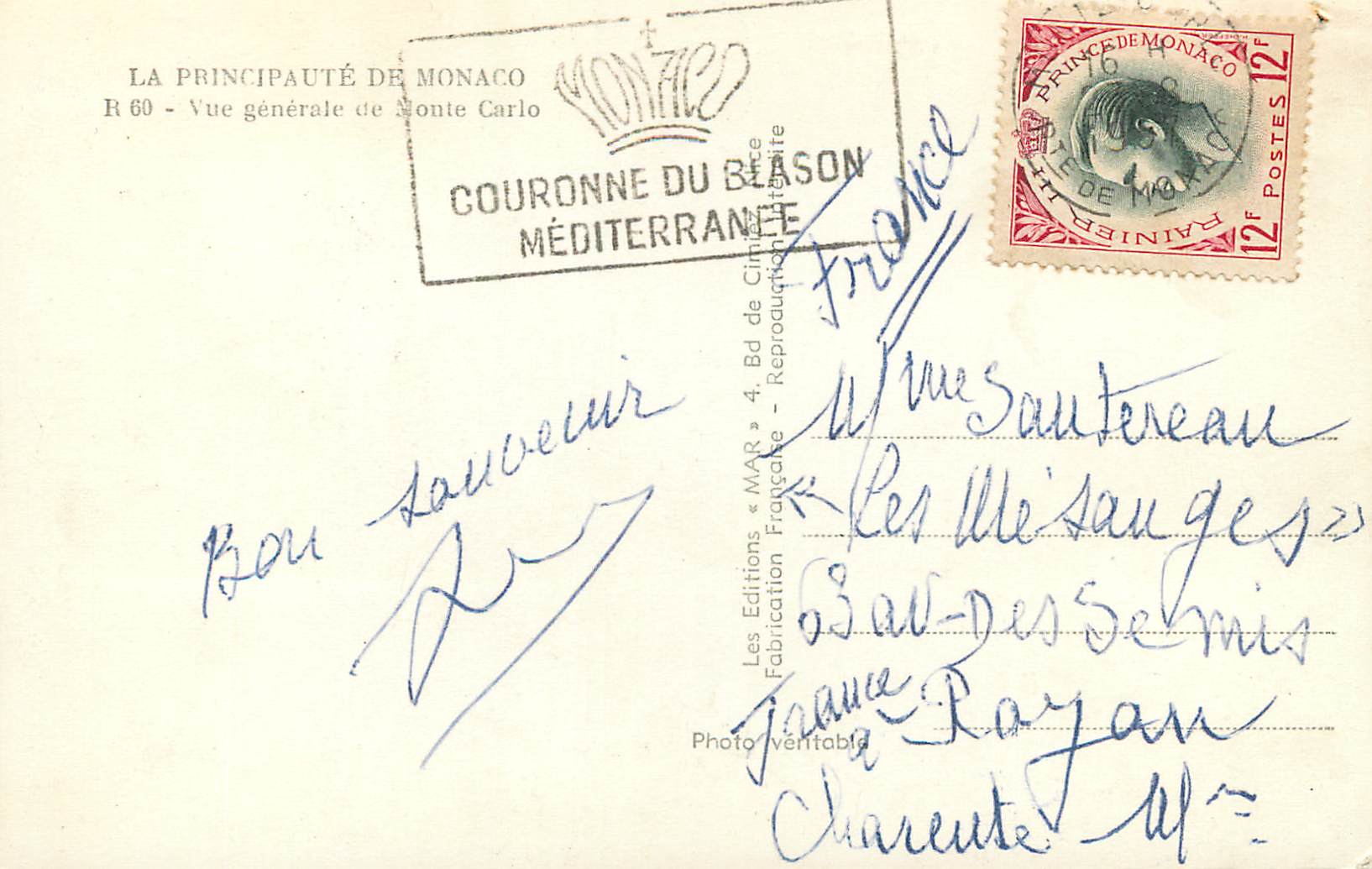 CPM La principaute de Monaco Vue generale de Monte Carlo  — Rückseite