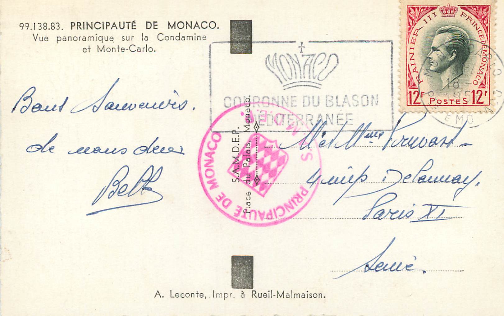 CPM Principaute de Monaco Vue panoramique sur la Condamine et Monte Carlo  — Rückseite
