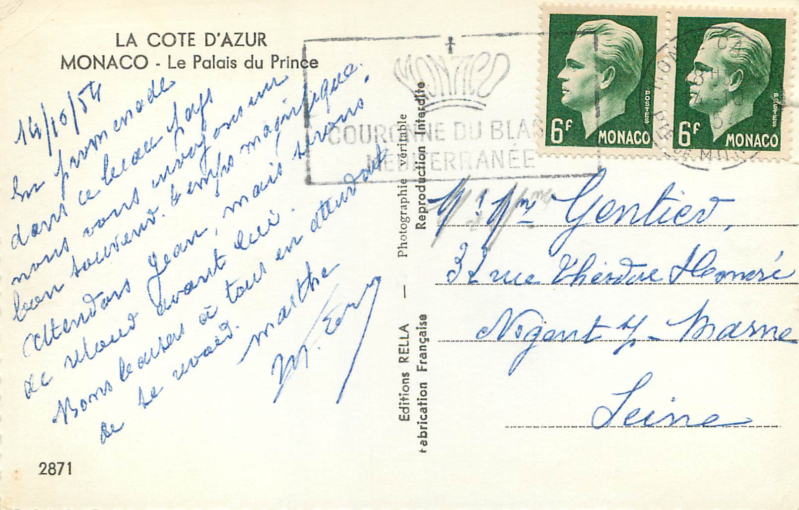 CPM La Cote d azur Monaco Le palais du Prince  — Rückseite