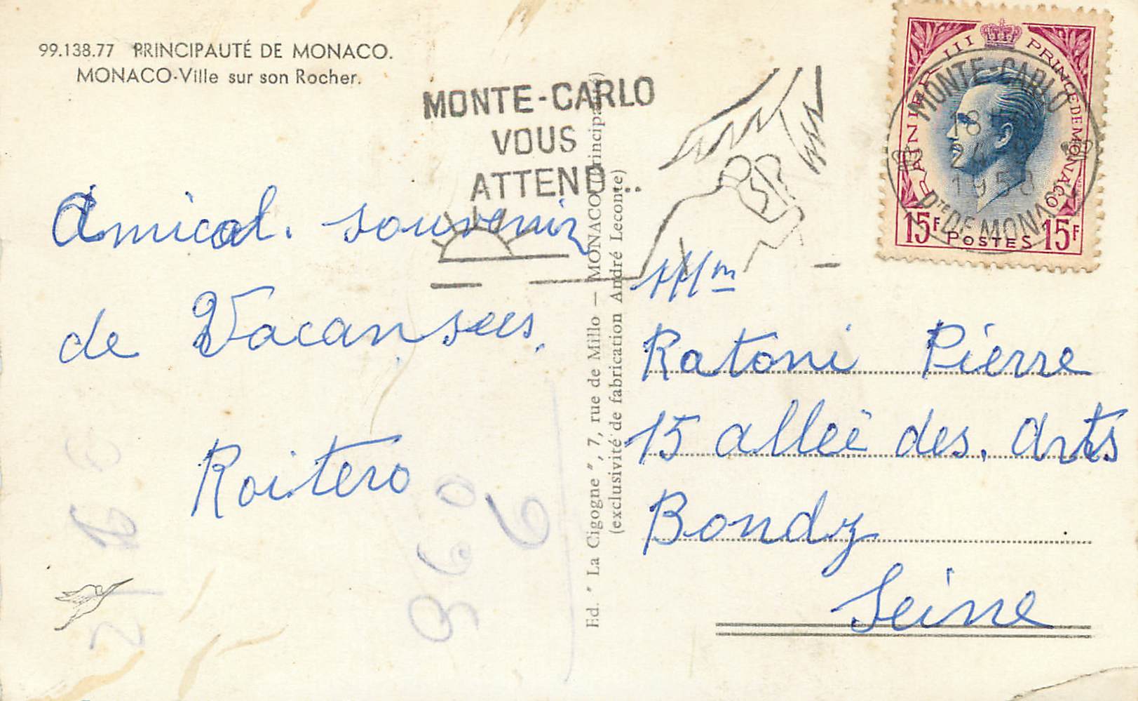 CPM Principaute de Monaco Ville sur son Rocher  — Rückseite