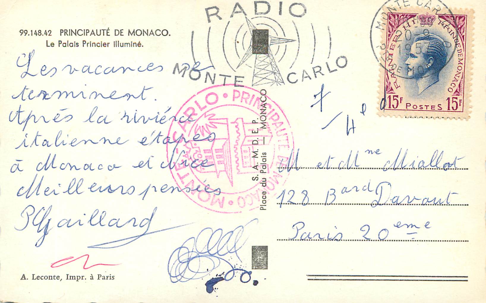 CPM Principaute de Monaco Le palais Princier illumine  — Rückseite