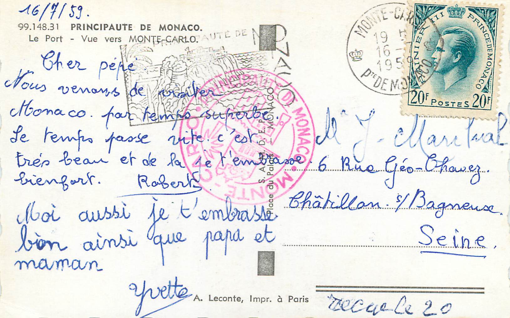 CPM Principaute de Monaco Le port vue vers Monte Carlo  — Rückseite