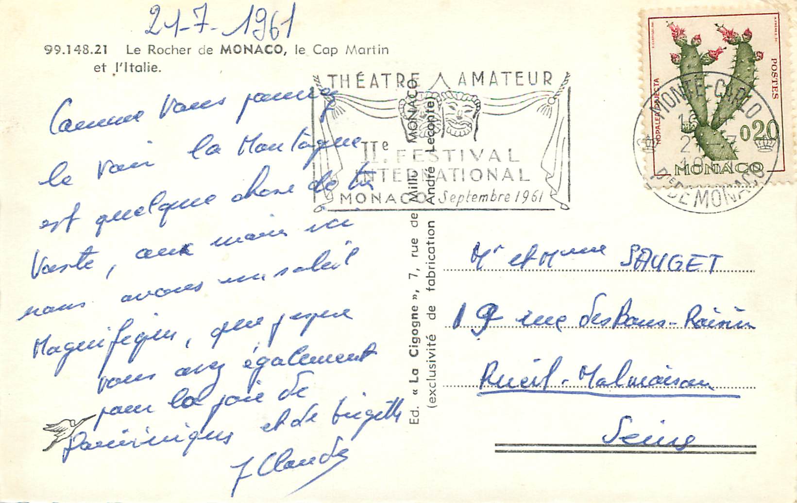 CPM Le rocher de Monaco le Cap Martin et l Italie  — Rückseite
