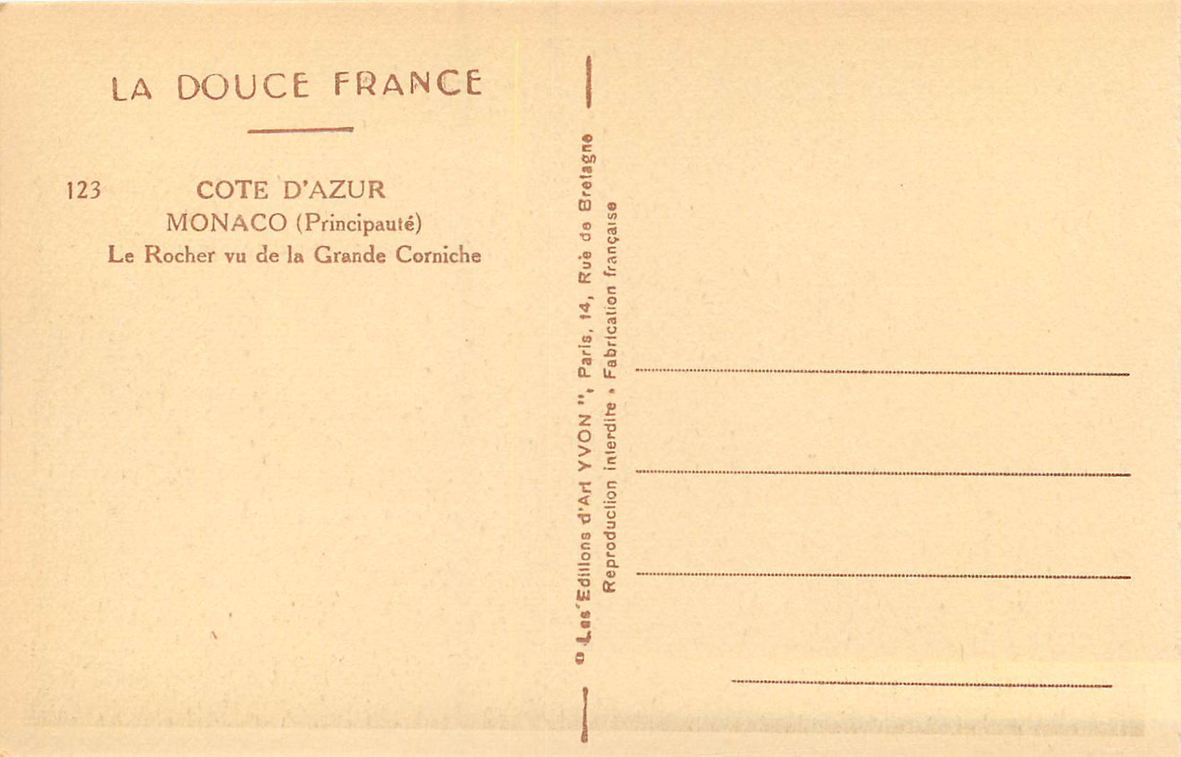 CPA Monaco Principaute Le rocher vu de la grande corniche  — Rückseite