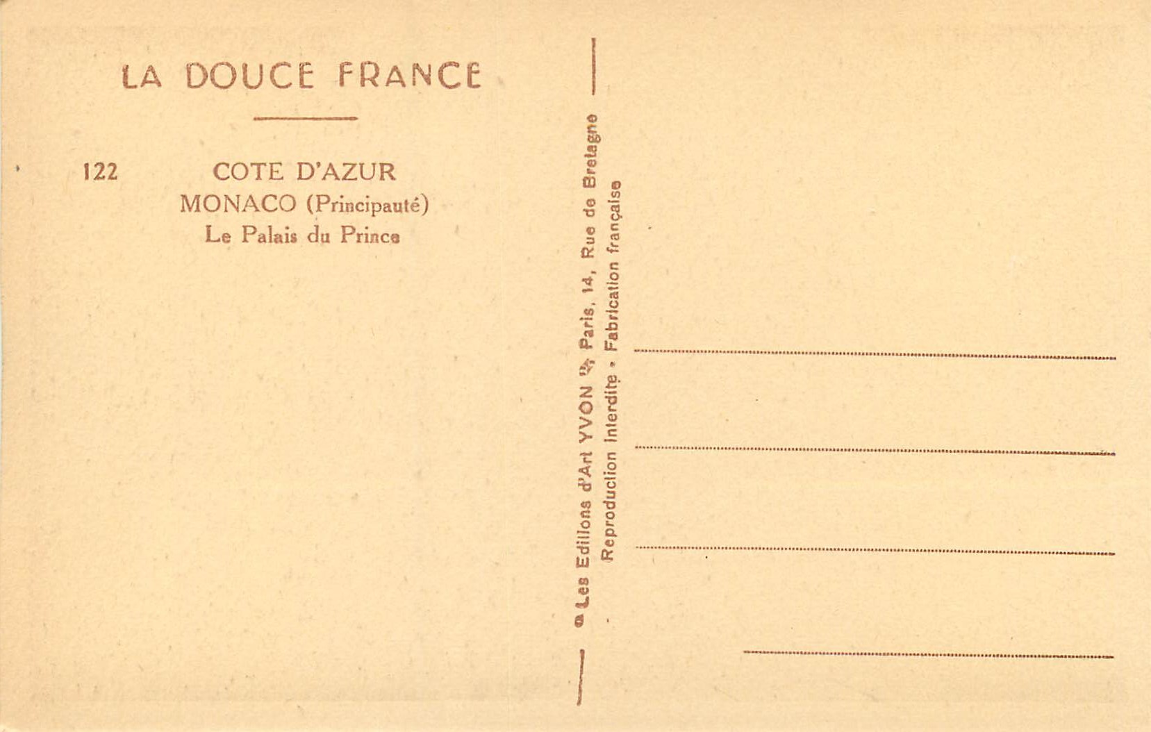 CPA Monaco Principaute Le palais du Prince  — Rückseite