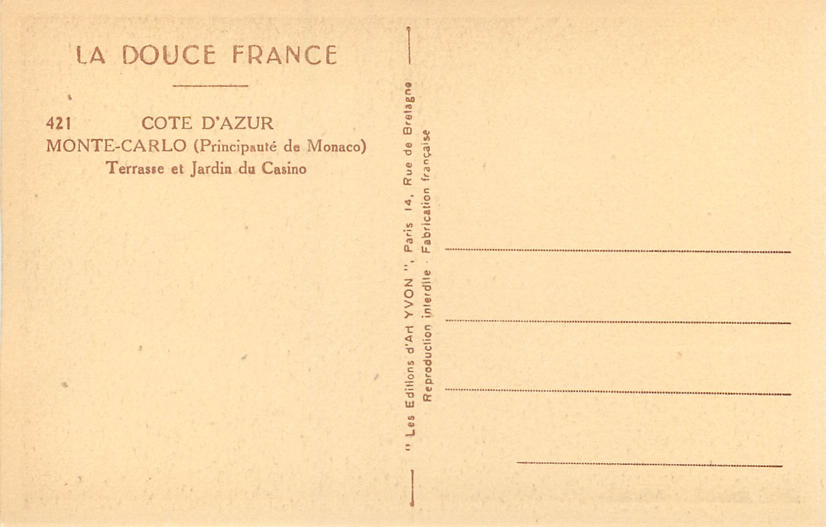 CPA Monte Carlo Principaute de Monaco Terrasse et Jardin du Casino  — Rückseite