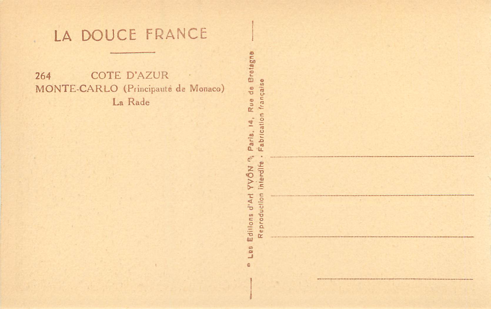CPA Monte Carlo Principaute de Monaco La Rade Bateaux — Rückseite