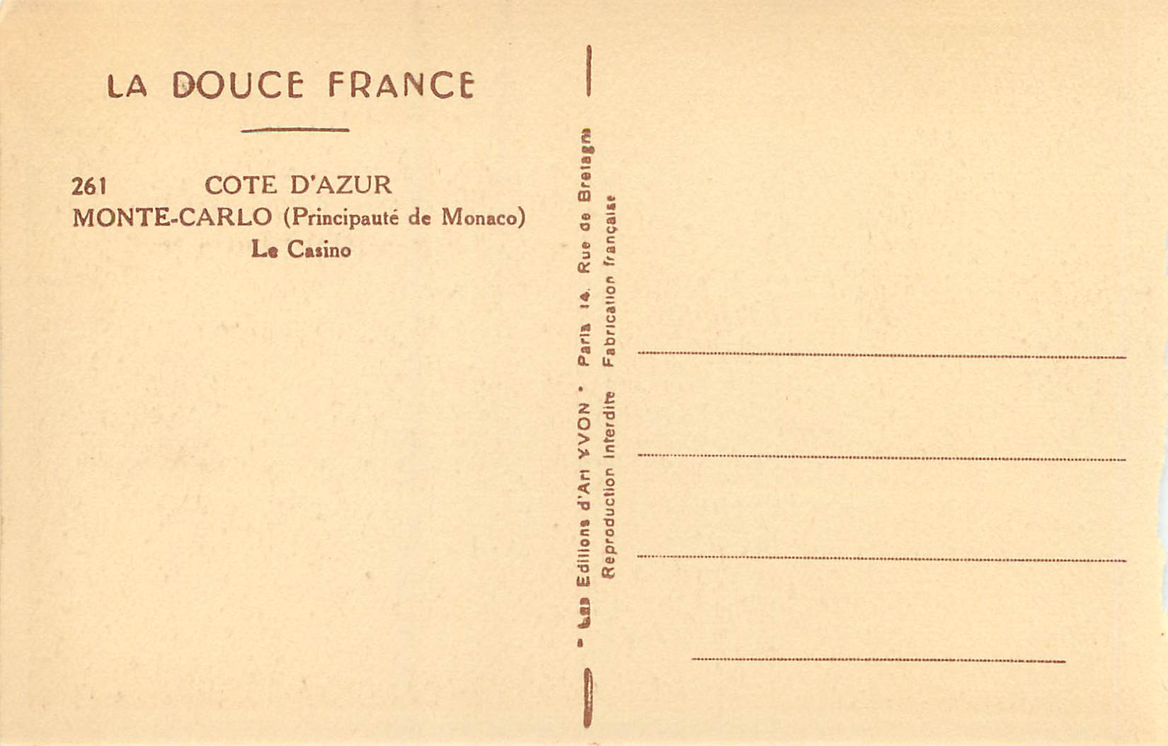 CPA Monte Carlo Principaute de Monaco Le Casino  — Rückseite