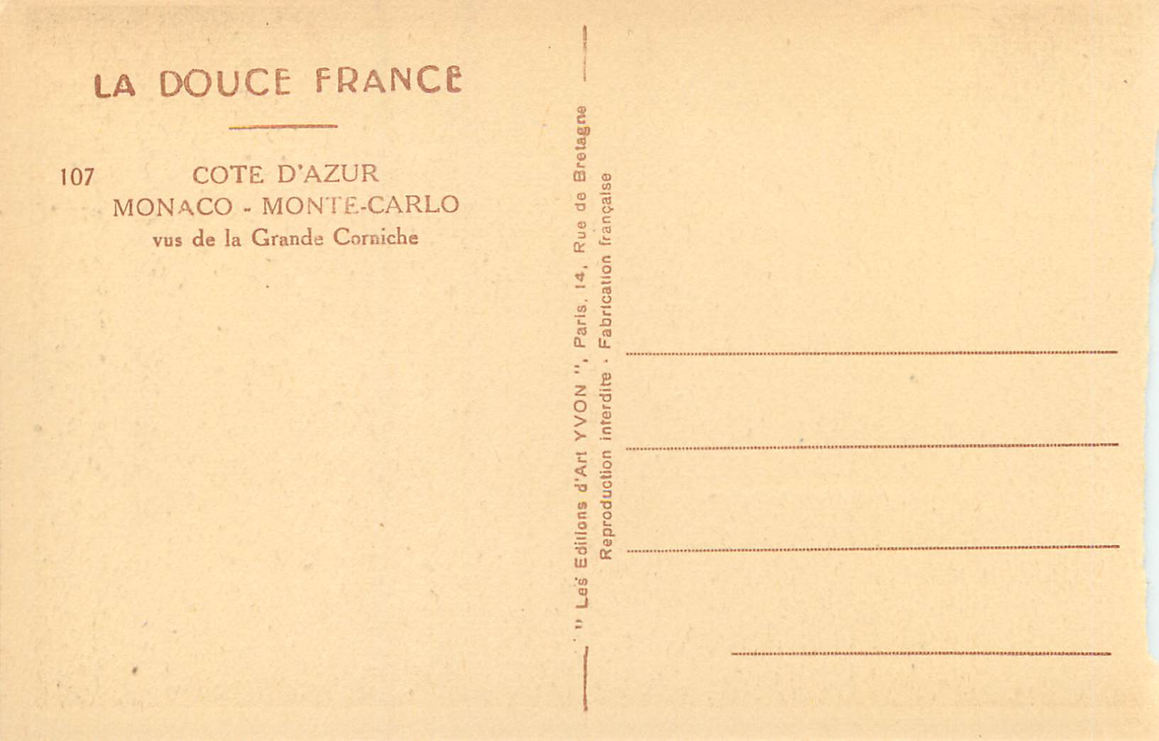 CPA Monaco Monte Carlo vus de la Grande Corniche  — Rückseite