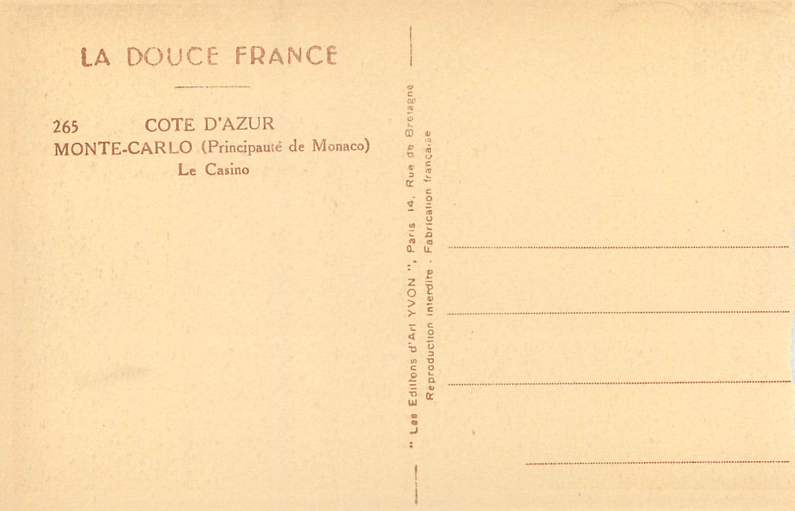 CPA Monte Carlo Principaute de Monaco Le Casino  — Rückseite
