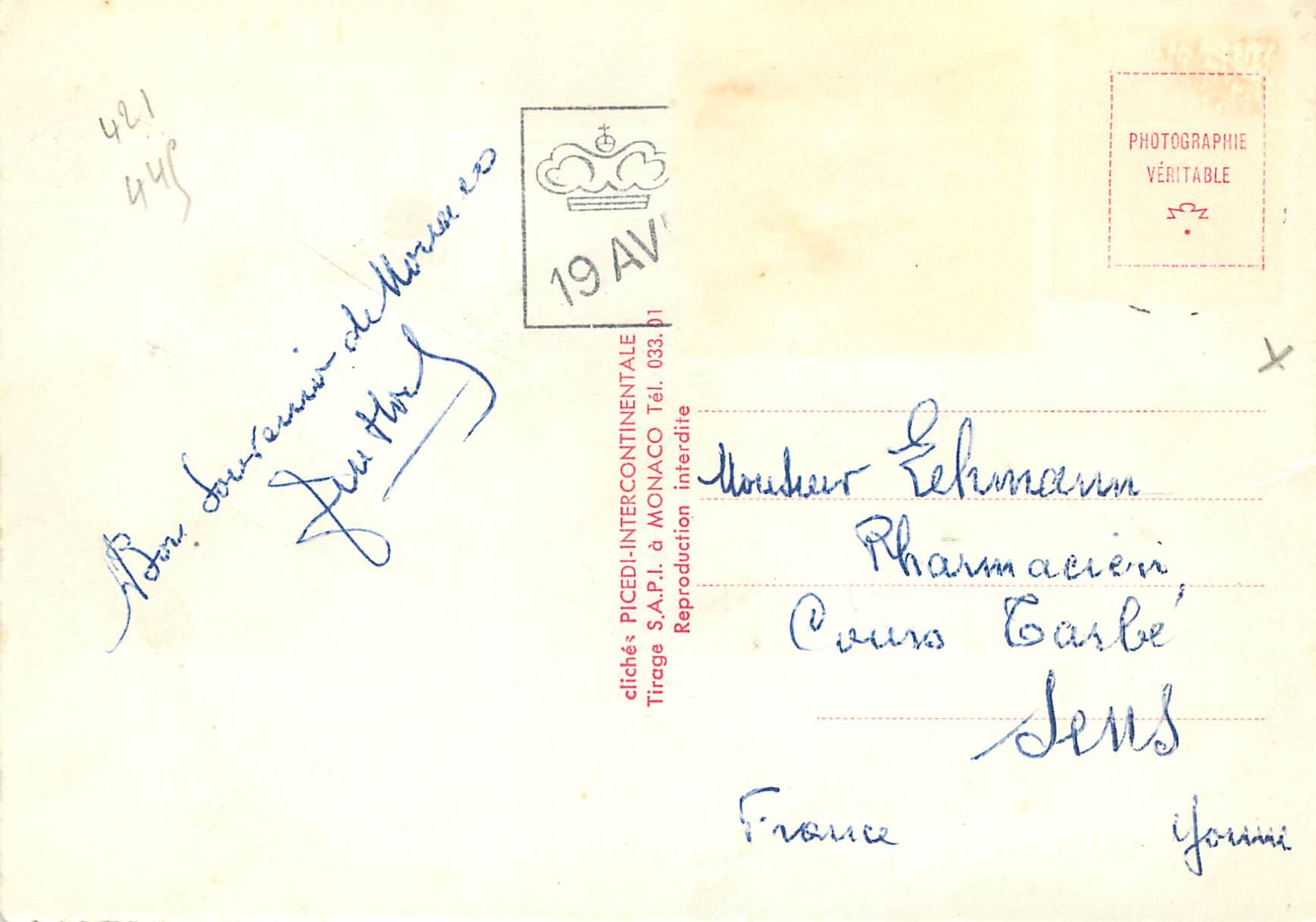 CPM SAS Rainier III Miss Grace Kelly  — Rückseite