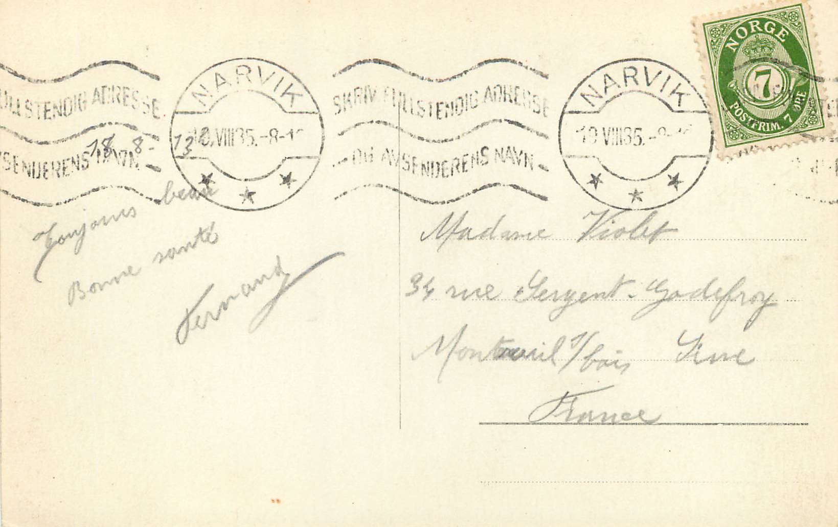 CPA Narvik  — Verso