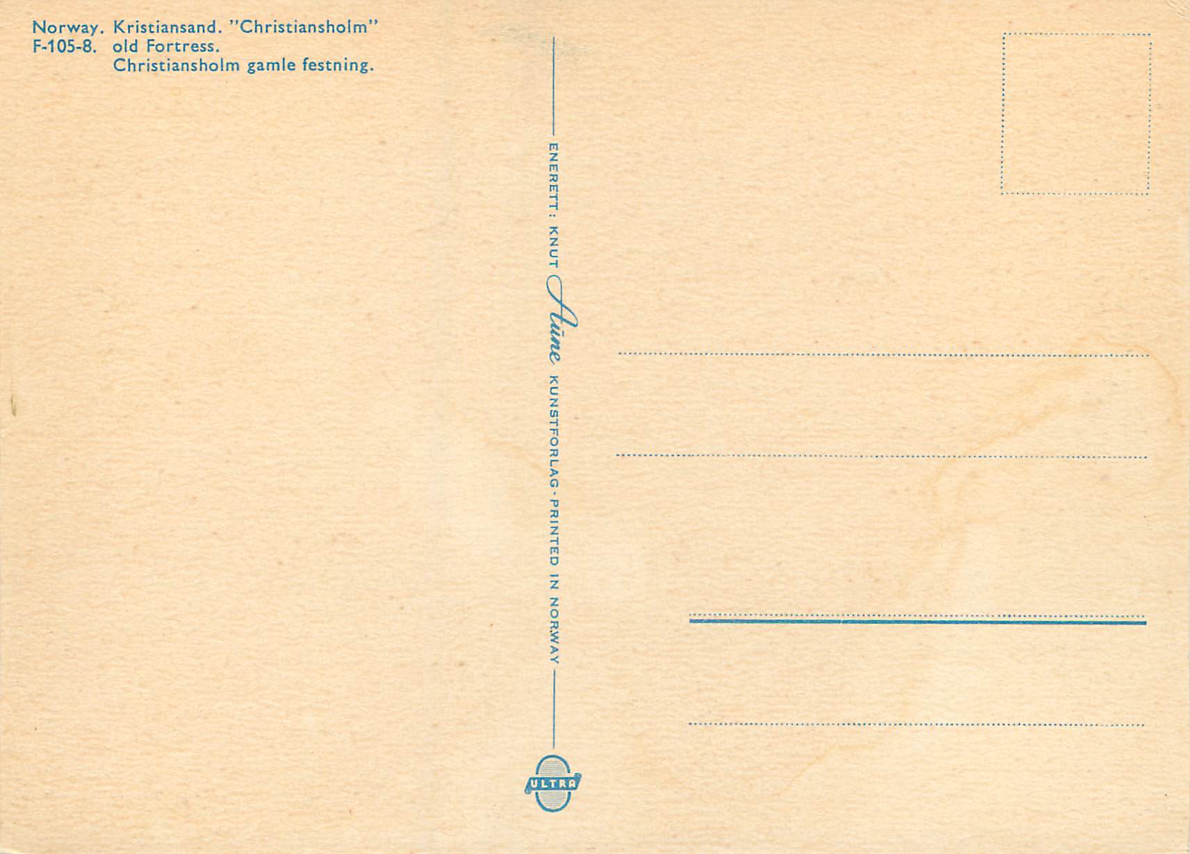 CPA Norway Kristiansand Christianholm old fortress  — Verso