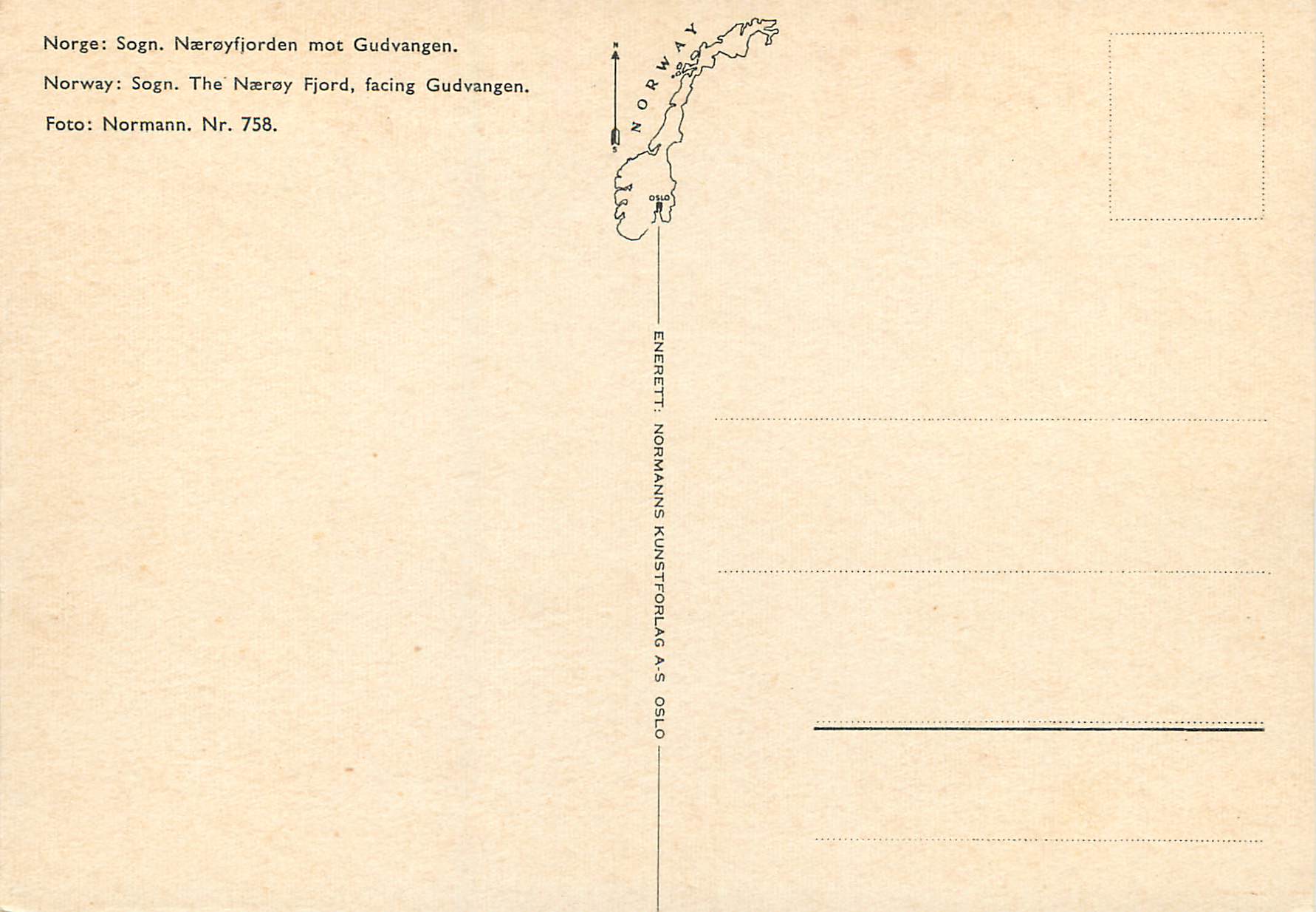 CPA Norway Sogn The Naeroy Fjord facing Gudvangen  — Verso