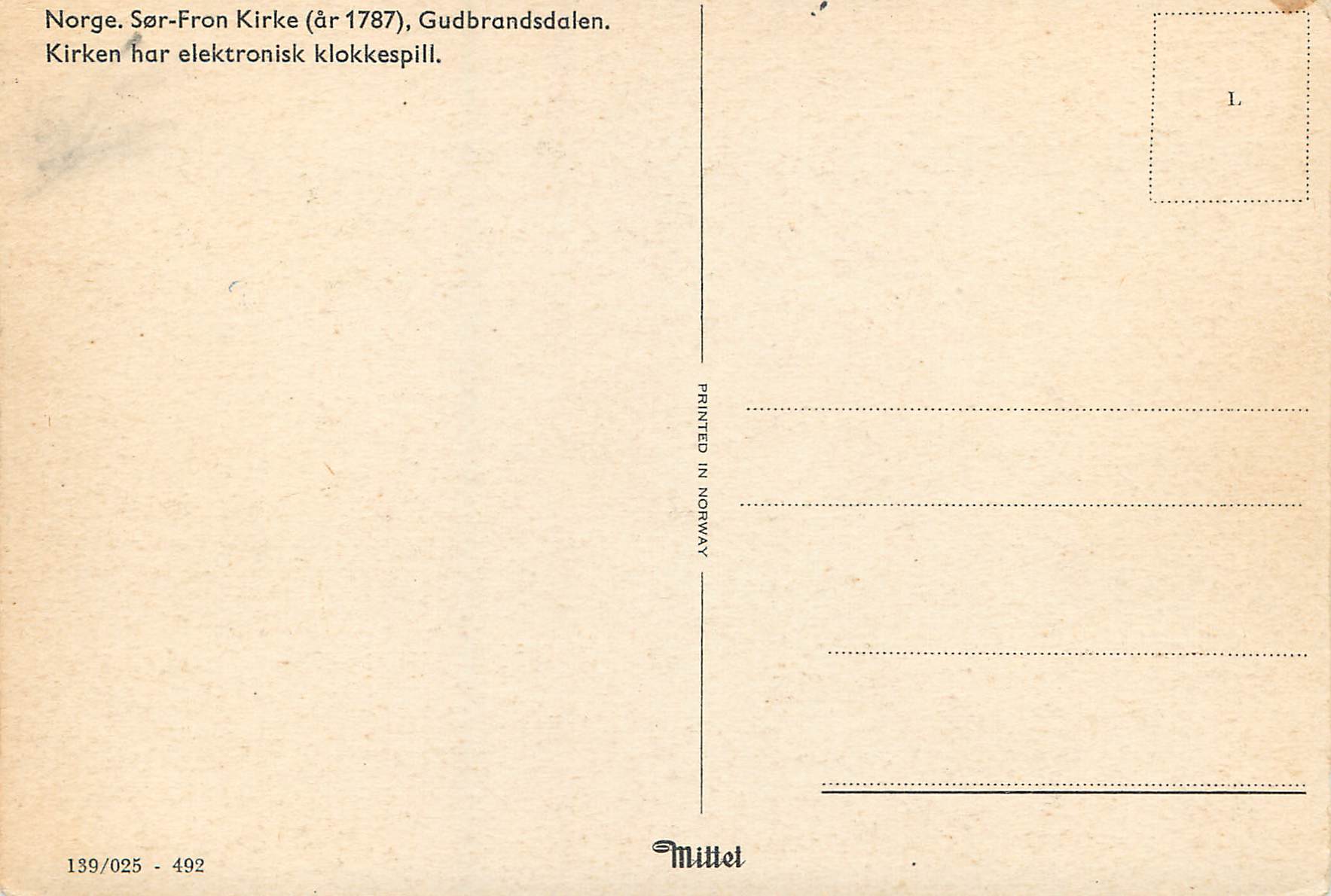 CPA Norge Sor Fron Kirke Gudbrandsdalen  — Verso
