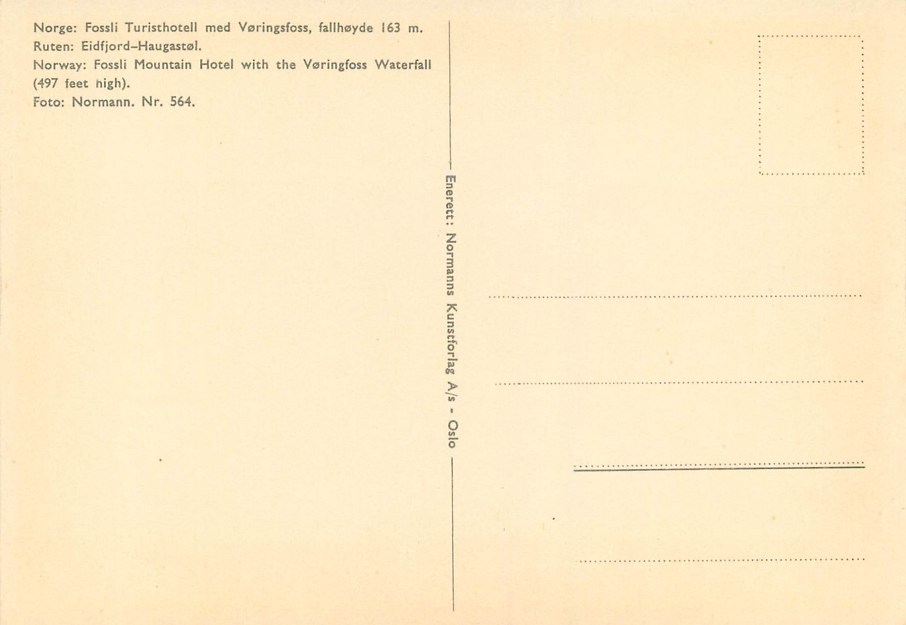 CPA Norway Fossli mountain Hotel with the Voringfoss waterfall  — Verso