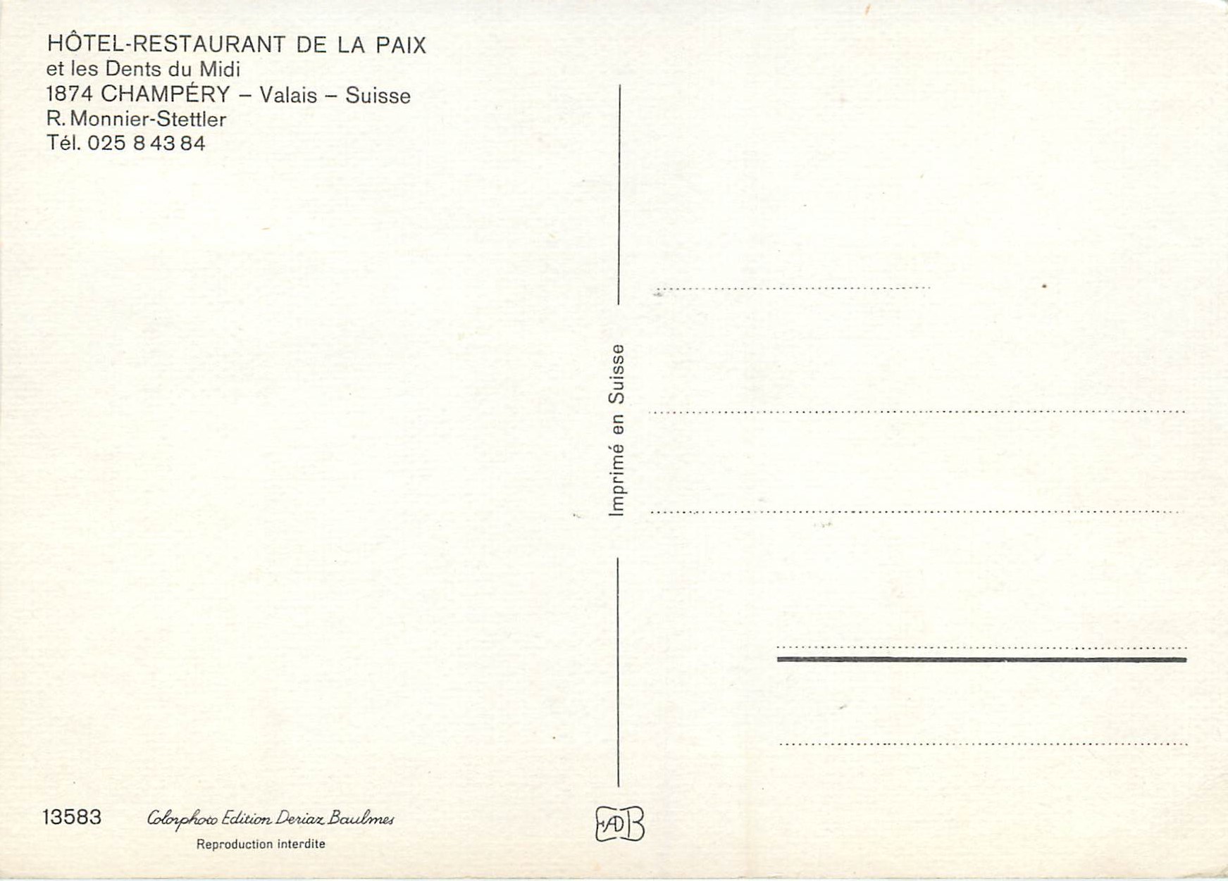 CPM Hotel restaurant de la paix et les dents du Midi Champery Valais Suisse  — Rückseite
