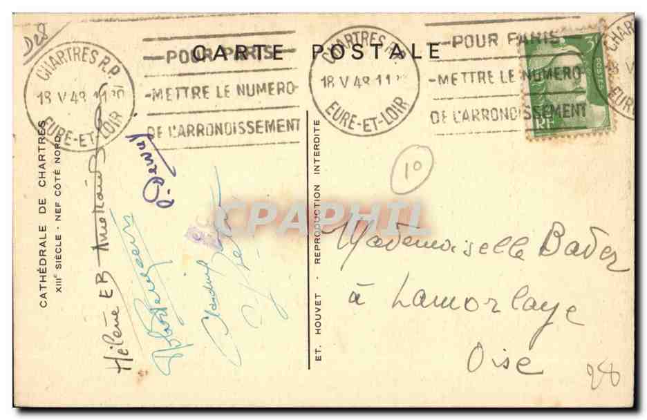 Chartres CPA Cathedrale Nef cote Nord — Verso