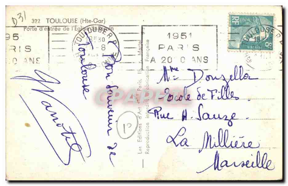 Porte d'entrée de l'Église — Toulouse (Hte-Garonne) — Les Éditions d'Art, n° 322 — Verso