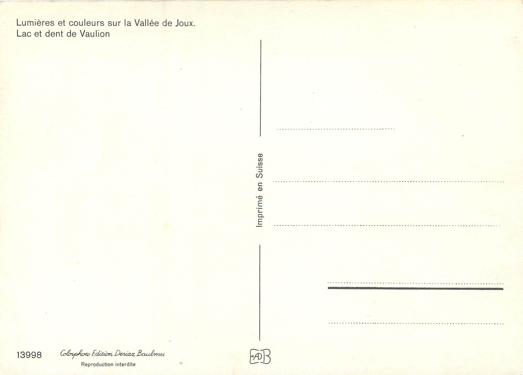 CPM Lumieres et couleurs sur la Vallee de Joux Lac et dent de Vaulion  — Verso