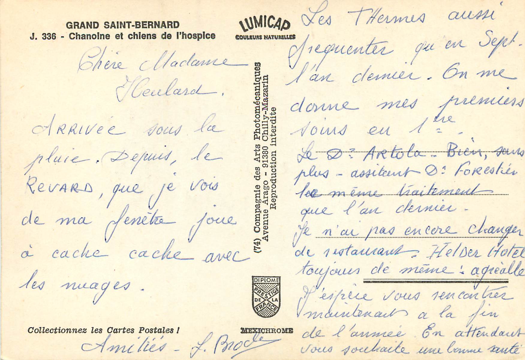 CPM Grand Saint Bernard Chanoine et Chiens de l Hospice Chiens — Rückseite
