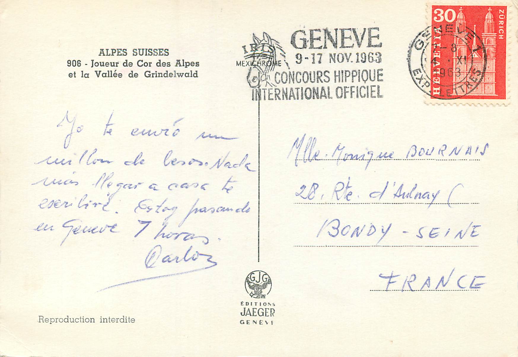 CPM Alpes Suisse Joueur de Cor des Alpes et la Vallee de Grindelwald  — Rückseite