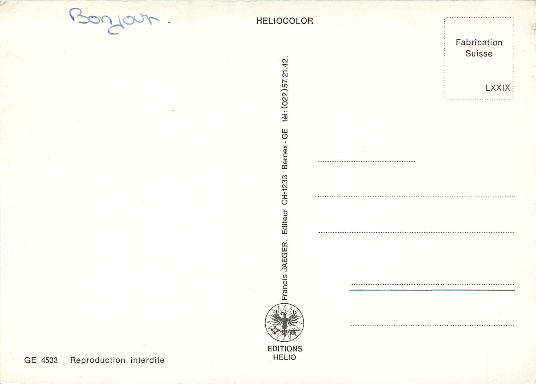 CPM Souvenir de Geneve  — Verso