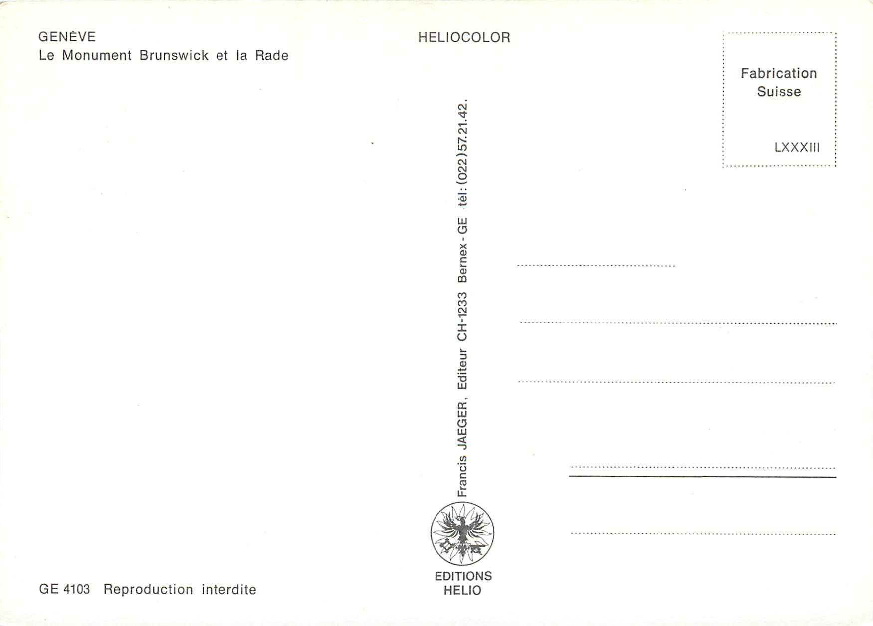 CPM Geneve Le monument Brunswick et la rade  — Verso