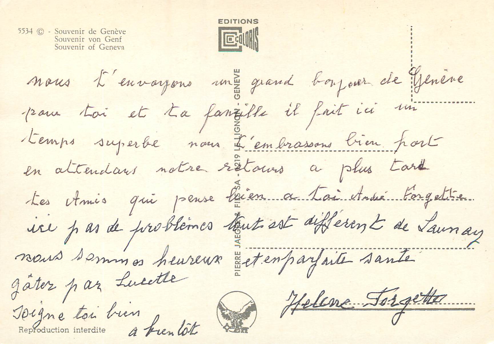 CPM Souvenir de Geneve  — Verso