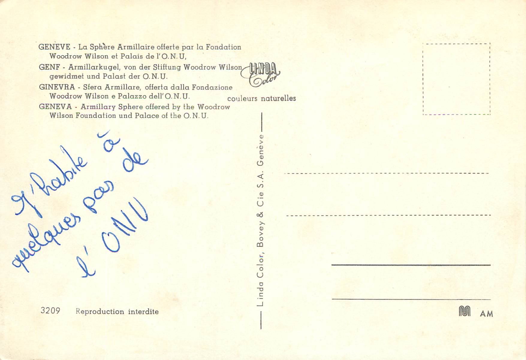 CPM Geneve La sphere Armillaire offerte par la Foundation Woodrow Wilson et Palais de l ONU  — Verso