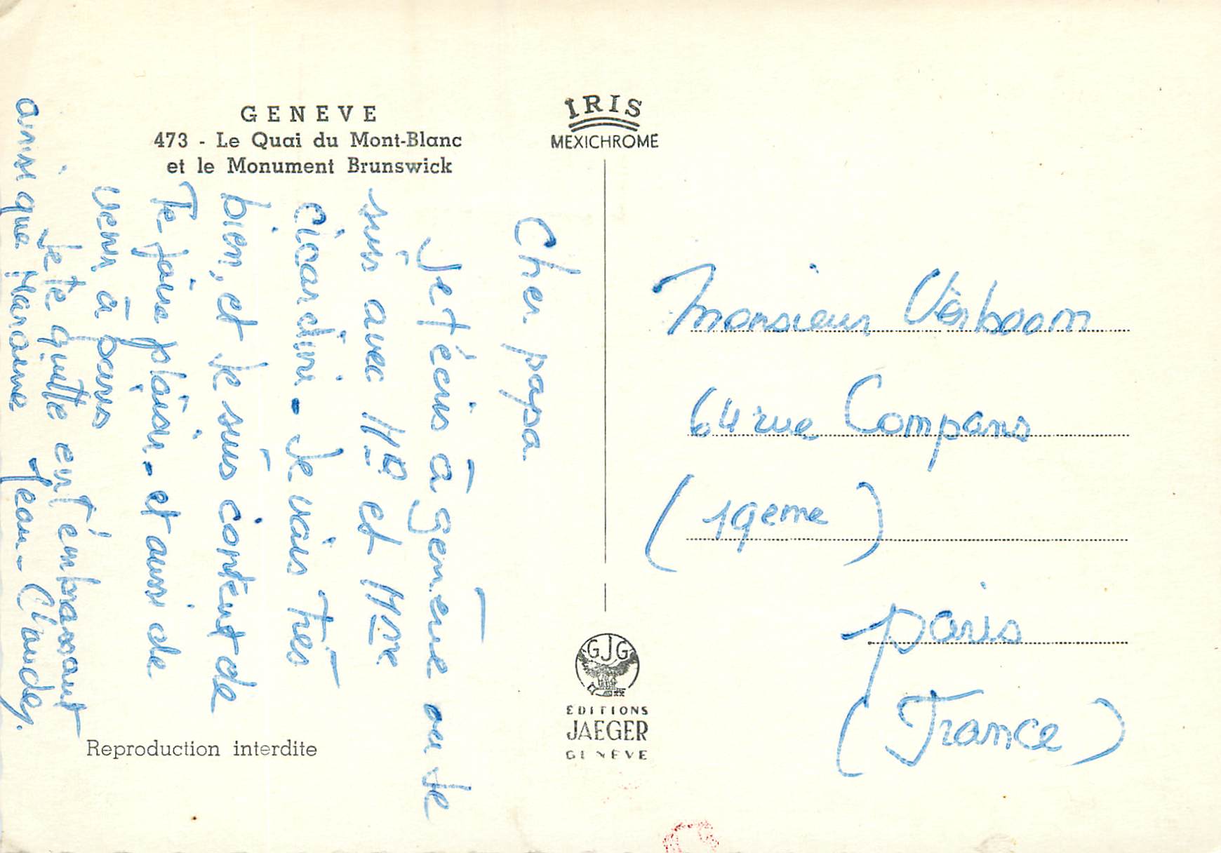 CPM Geneve Le quai du Mont Blanc et le Monument Brunswick  — Rückseite