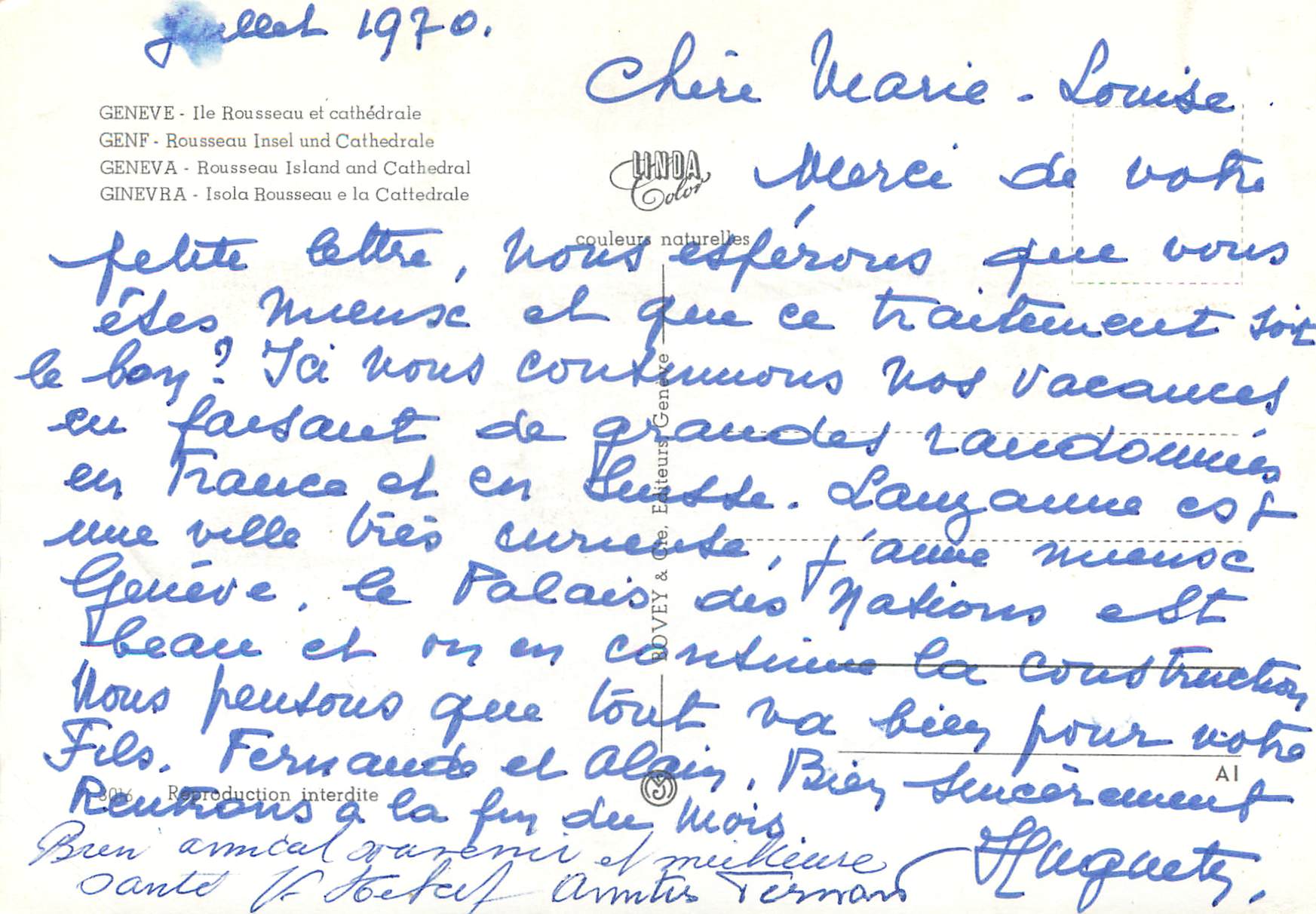 CPM Geneve Ile Rousseau et cathedrale  — Verso